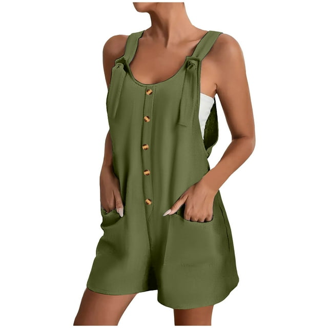 TrendOFT Jumpsuits For Women Casual Summer Button Solid Loose Fit Sleeveless Womens Overalls Rompers Army Green XXL