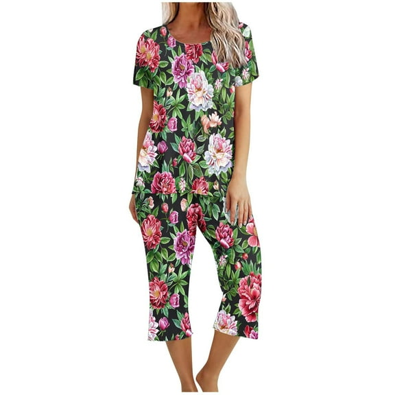 DeHolifer Womens Sets 2PCs Floral Printed Crewneck Short Sleeve Tops and Capri Pants Homewear Loungewear Pajama Sets Green M