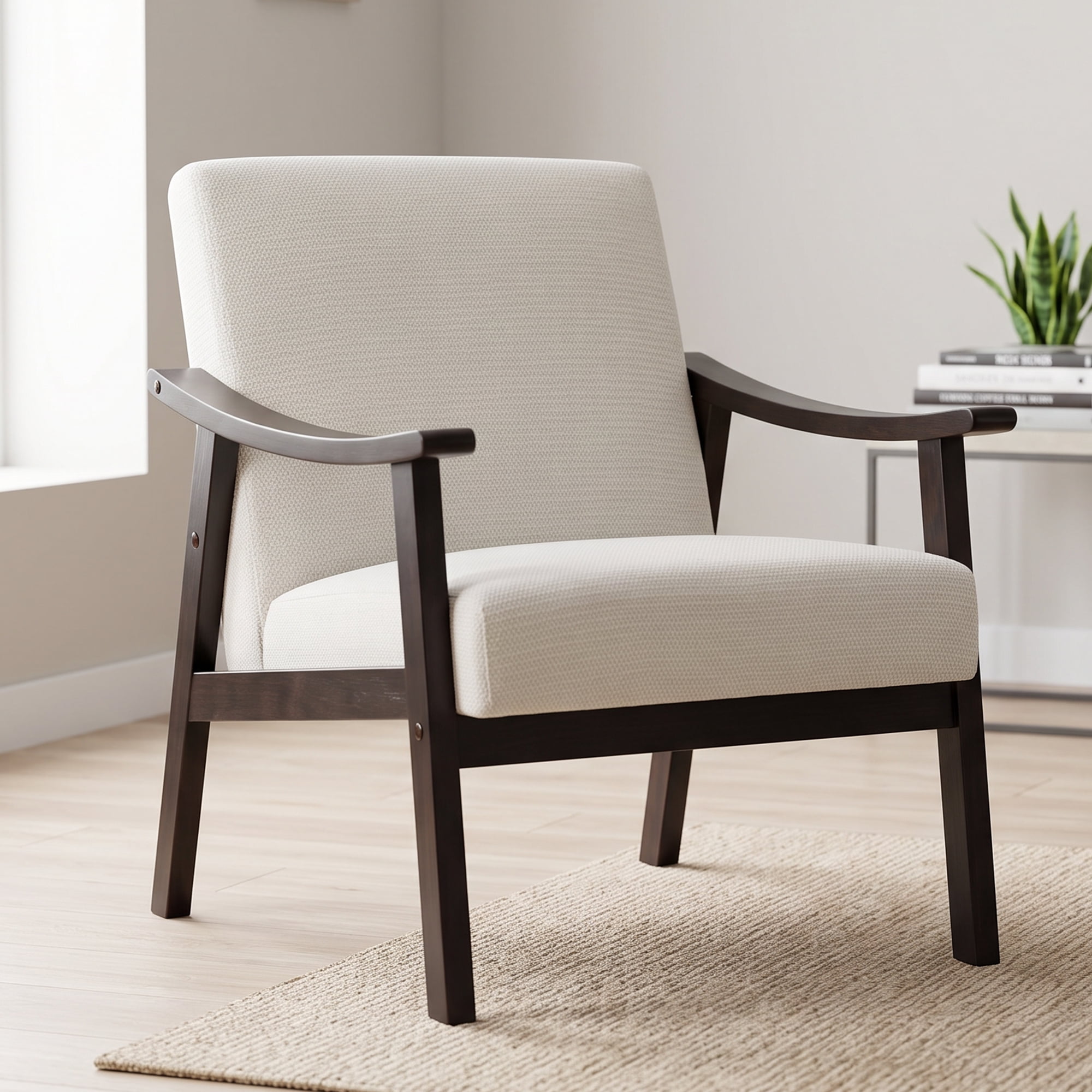 HOQBN Modern Armchair with High Back,Upholstered Living Room Chairs with Solid Wood Legs,Leisure Reading Chair for Living Room, Bedroom,White