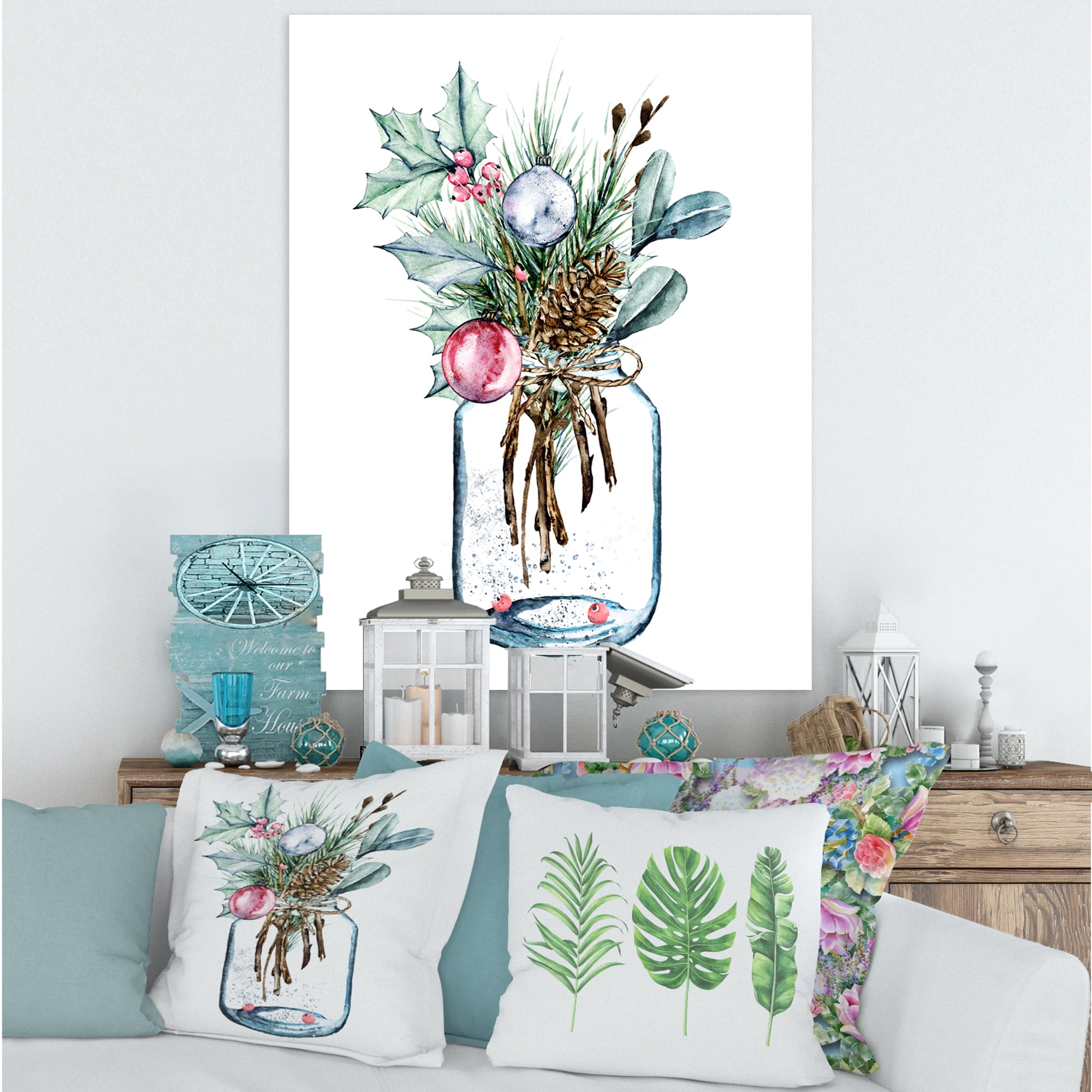 Designart ' Merry Christmas Bouquet In Transparant Jar ' Traditional Canvas Wall Art Print
