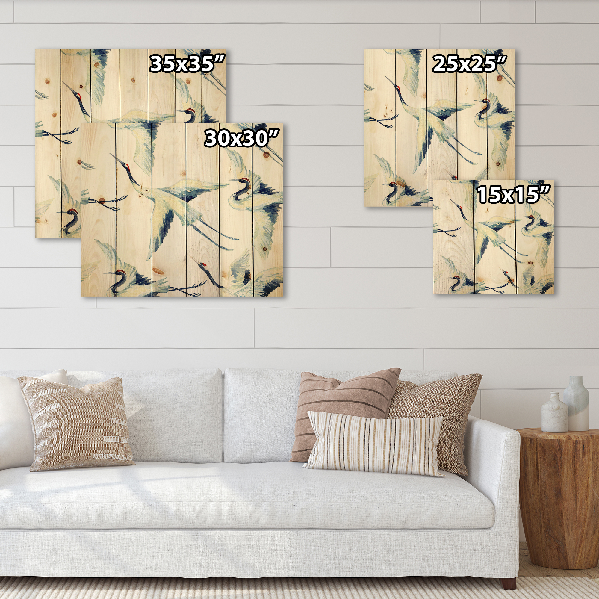 Designart 'Asian Crane Bird Impression I' Traditional Print on Natural Pine Wood