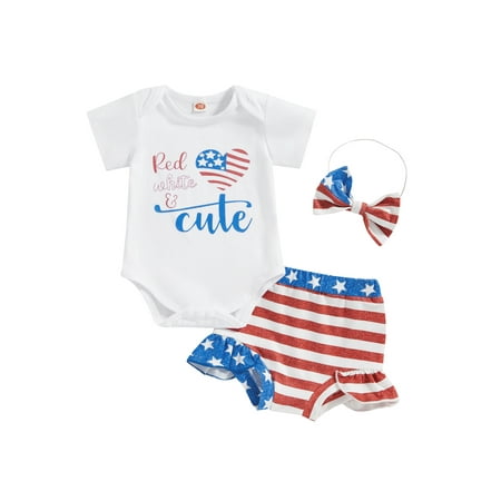 

Bagilaanoe 4th of July Clothes for Newborn Baby Girls Short Sleeve Letter Print Romper Tops + Striped Shorts + Headband 3M 6M 12M 18M Infant Independence Day Outfits 3pcs Short Pants Set
