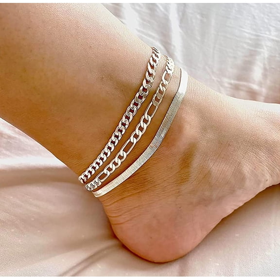 3pcs Silver Ankle Bracelets for Women, Silver Anklets Waterproof Minimalist Cuban Link Anklets Set Dainty Layered Ankle Bracelets Anklets for Women, Anklet Jewelry Gift