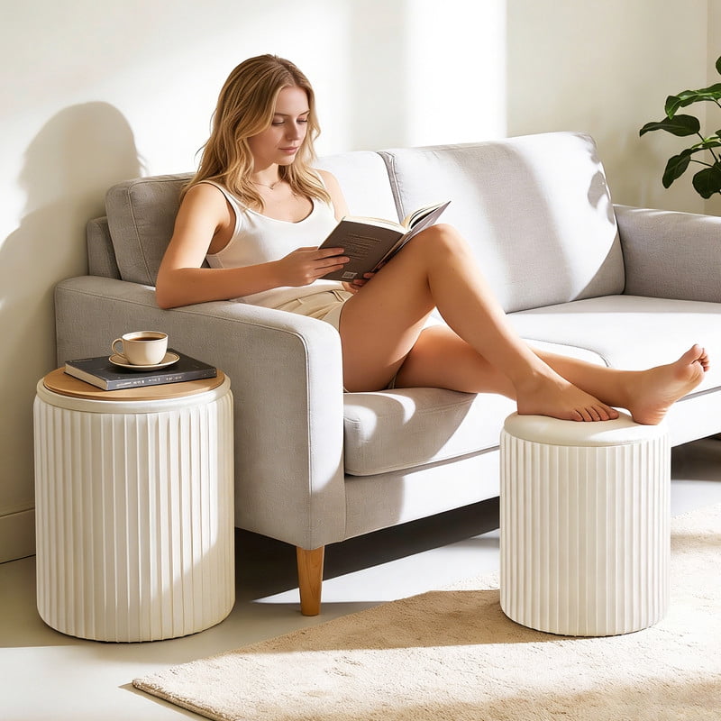Gianna Round Ottoman Set of 2 with Reversible Seat, Upholstered Vanity Stool, Comfortable Footrest With Storage for Living Room, Bedroom, Beige