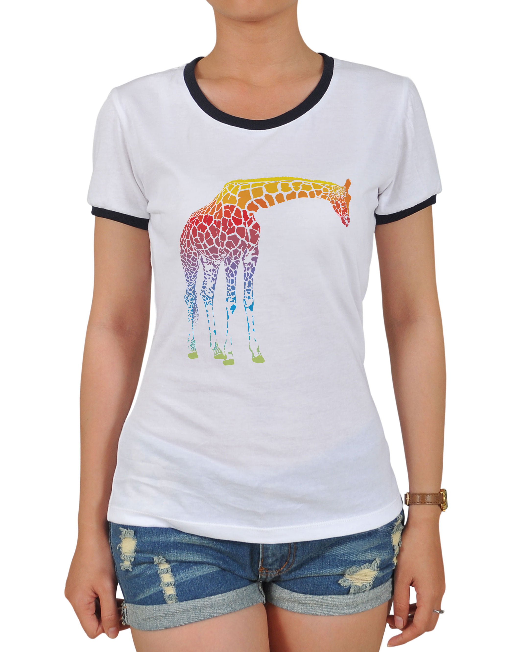 Abstract Giraffe Round-collar Women 100% Cotton Gray Short Sleeves