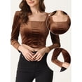 thumbnail image 2 of Top corto de terciopelo de manga larga para mujer Blusa informal con cuello cuadrado marrón S, 2 of 6