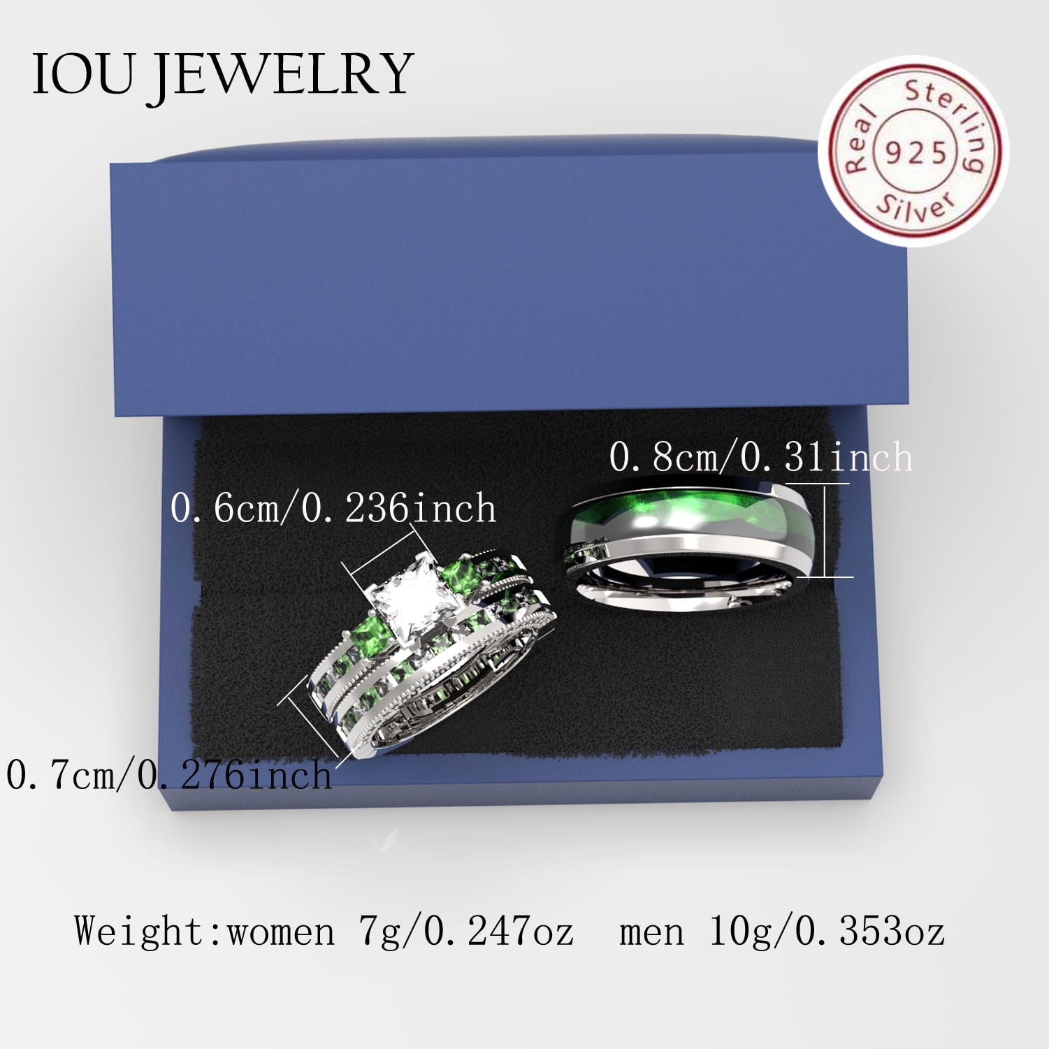 3pc Couples Wedding Ring Sets His And Hers Women Sterling Silver Green Moissanite and men Wedding Bands Together With Ring Gift Jewelry Box