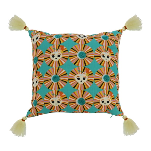 Ashland 16" Geometric Floral Skull Pillow Blue, Orange, Cream 16" x 16"