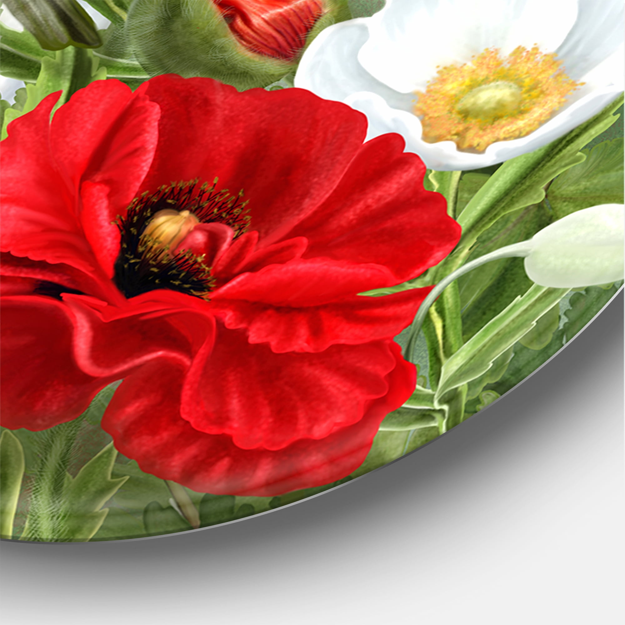 Designart 'Red Poppies and White Anemones With Yellow Bird' Traditional Circle Metal Wall Art 23x23 - Disc of 23
