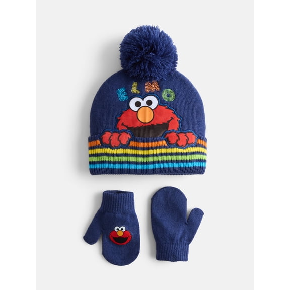 Elmo Toddler Boys Pom Beanie and Mittens Set, 2 Piece