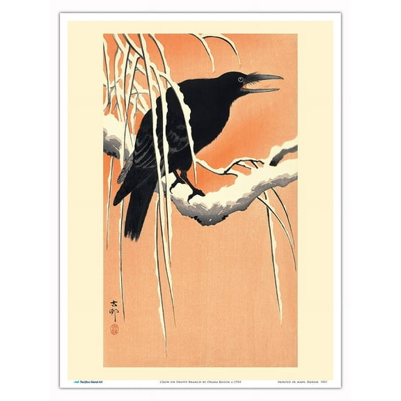 Crow on Snowy Branch - Vintage Japanese Woodblock Print by Ohara Koson c.1910 - Master Art Print (Unframed) 9in x 12in