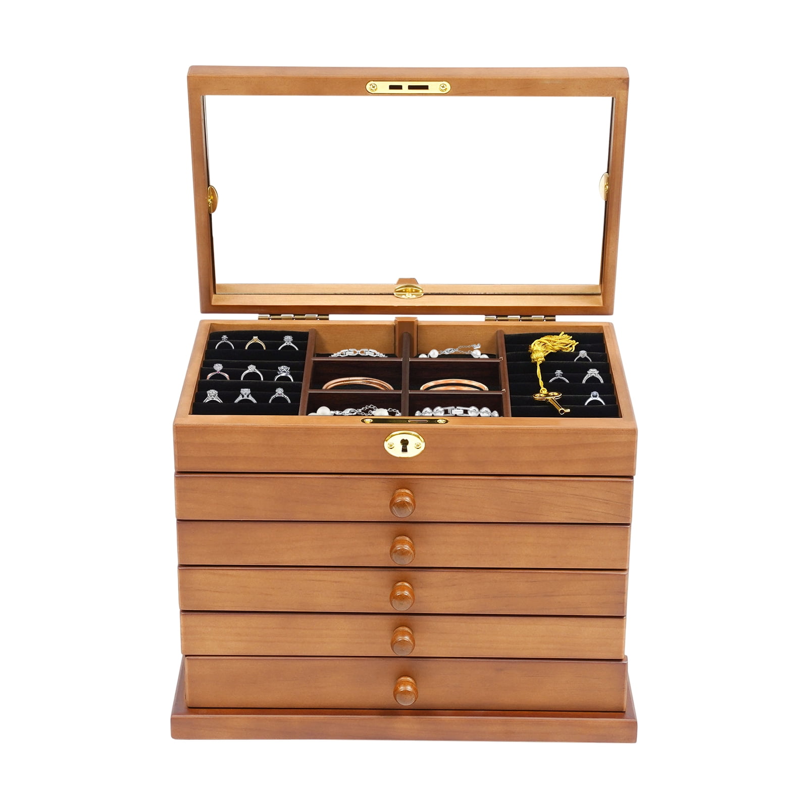 Large Carved 6 Layers Wooden Jewelry Box Jewelry Case Cabinet Armoire Ring Necklacel Gift Storage Box Organizer Brown 6 Layers Wooden Watch Display Storage Box Jewelry Organizer With Mirror/Lock