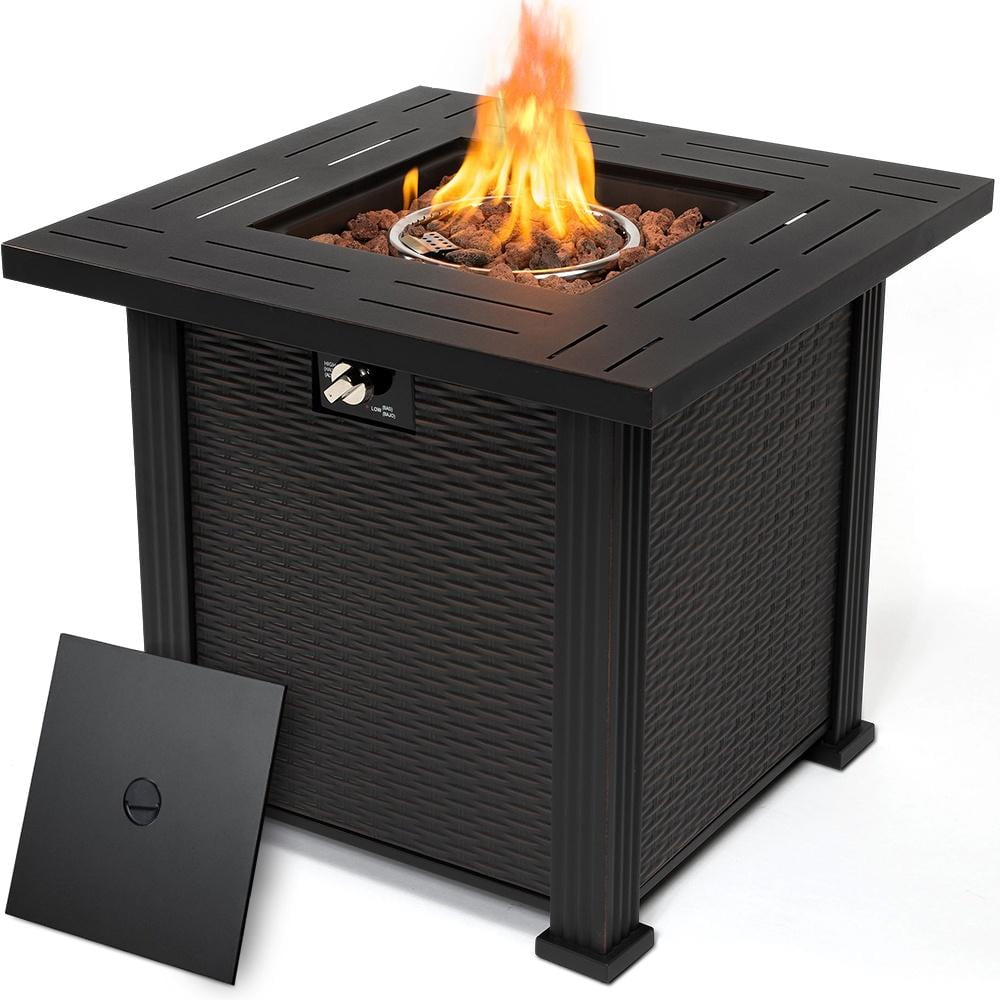 2-in-1 Propane Fire Pit Table, Outdoor Table with Fire Pit, 28 Inch 50,000 BTU Auto-Ignition Gas Fire Pit Table with Lid and Lava Rock, Square Fire Table for Yard Patio Garden