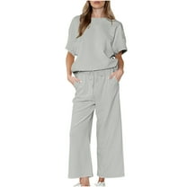 Women's Loose Solid Color Cotton Linen Casual Suit Drawstring High Waist Wide Leg Sweatsuit Gray,XL