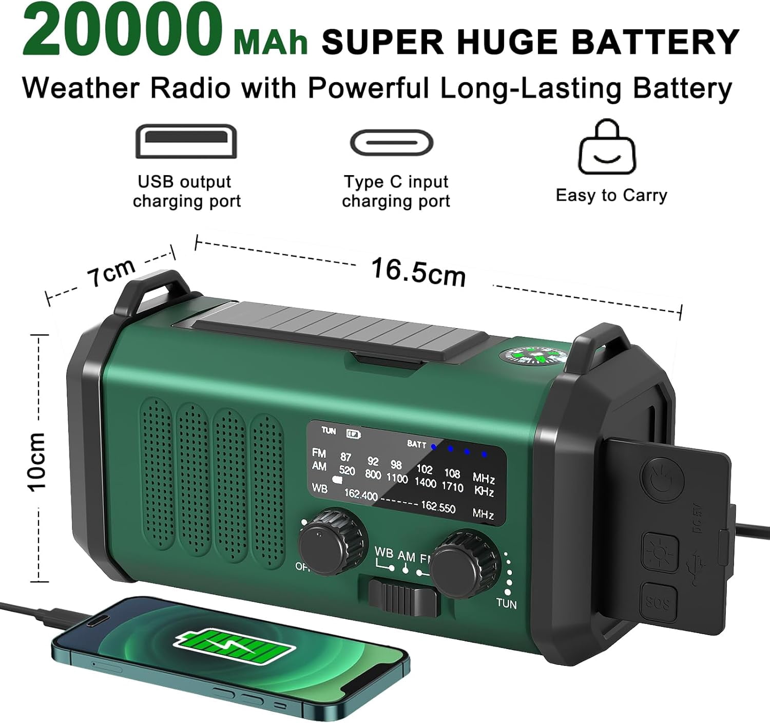 Hand Crank Emergency Radio,  Weather Radio with  Solar Radio,10000mAh Rechargeable Battery Powered, USB-C Charger, Flashlight, SOS Alarm, for Storm, Hurricanes Outdoor Survival Emergencies