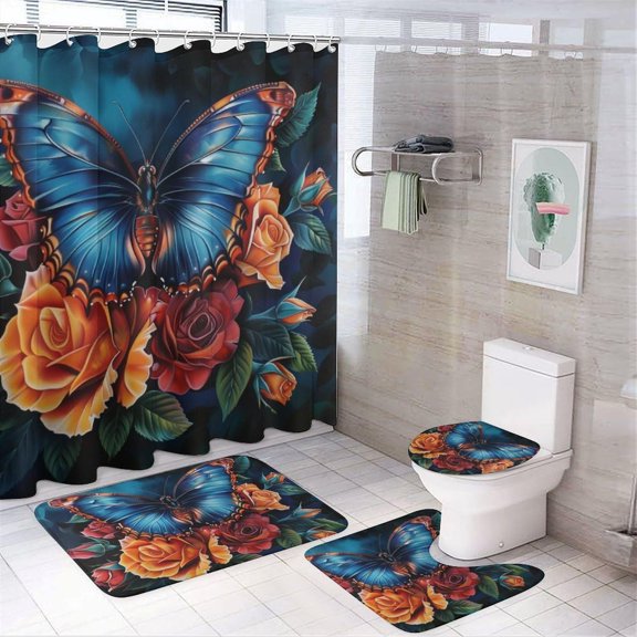 Floral Butterfly Shower Curtain Sets with Toilet Lid Cover And Rugs, Orange Watercolour Rose Nature Animal Bathroom Decor Set with Rug U Shape Mat, Waterproof Shower Curtain with 12 Hook 4Pcs