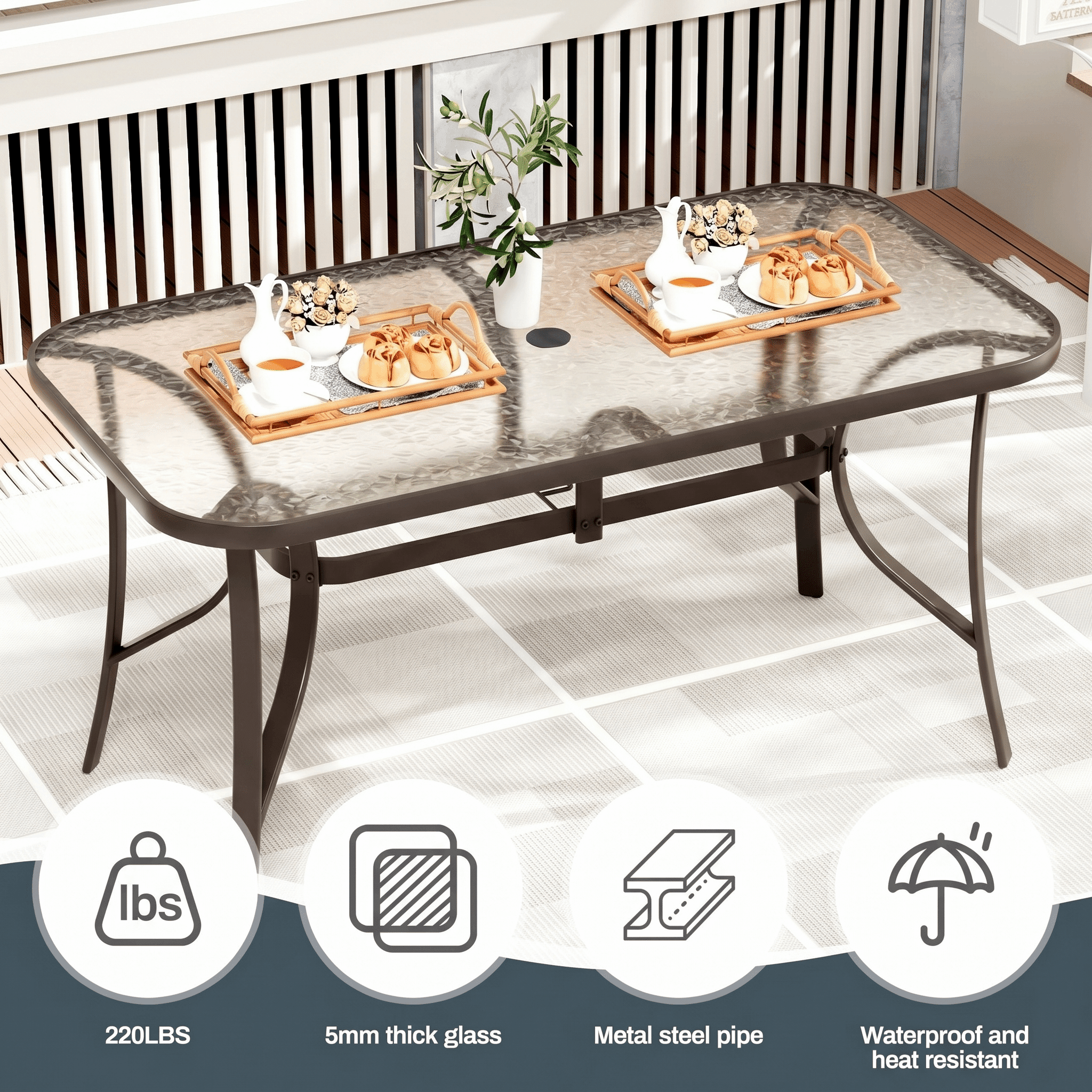 TLSUNNY Outdoor Patio Table and Chairs Set, Rectangular Glass Dining Table W/ Umbrella Hole & 6 Stackable Chairs, for Lawn, Poolside, Backyard (Umbrella Not Included)