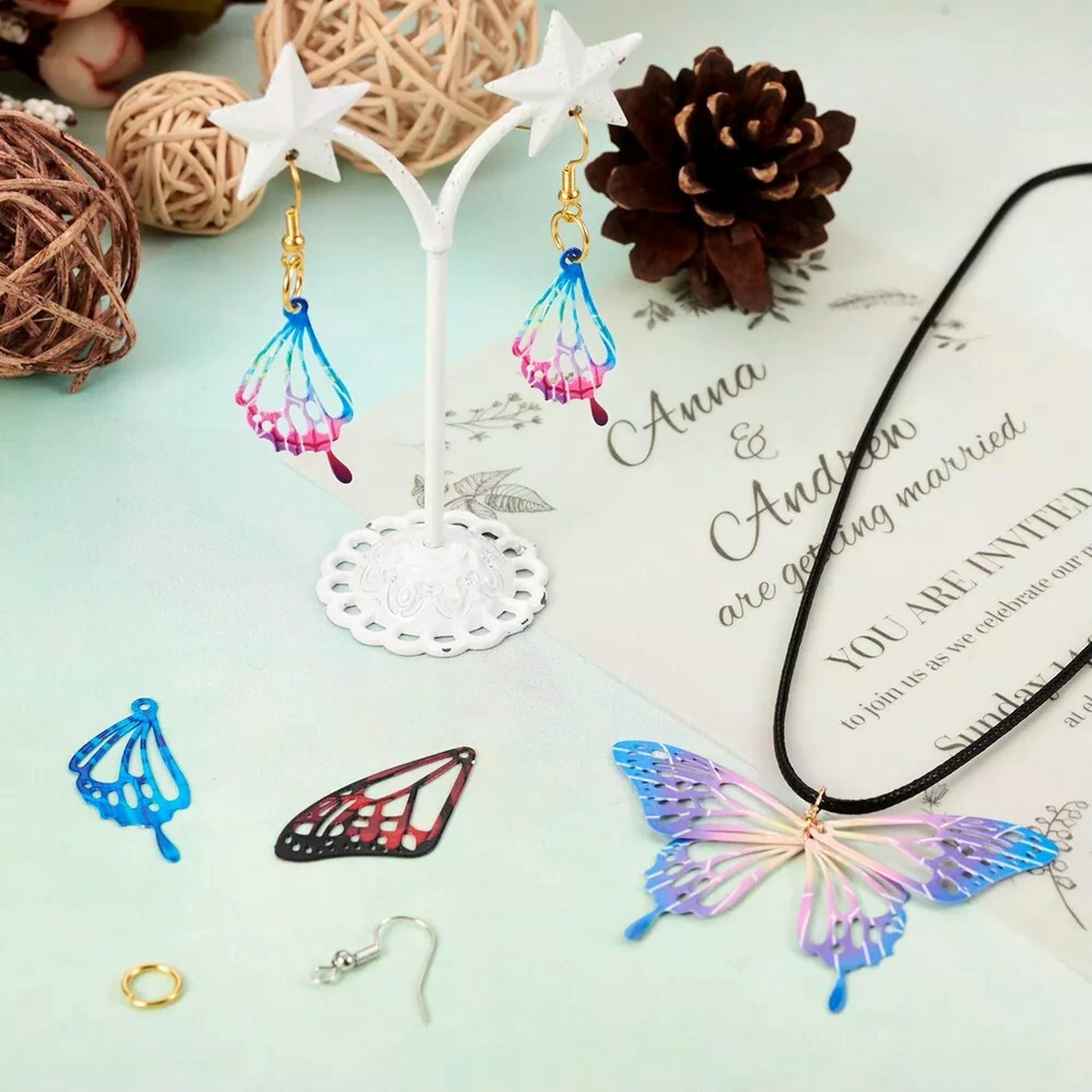 U8MO 1 Box Stainless Steel Pendants Filigree Butterfly Wing Dangle Earring Making Kit