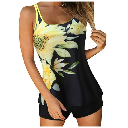 high waisted bathing suit for women plus size solid Tankini Swimsuits for Women 2 Piece Bathing Suits Tops with Boyshorts Loose Fit Swimwear #03 Yellow S