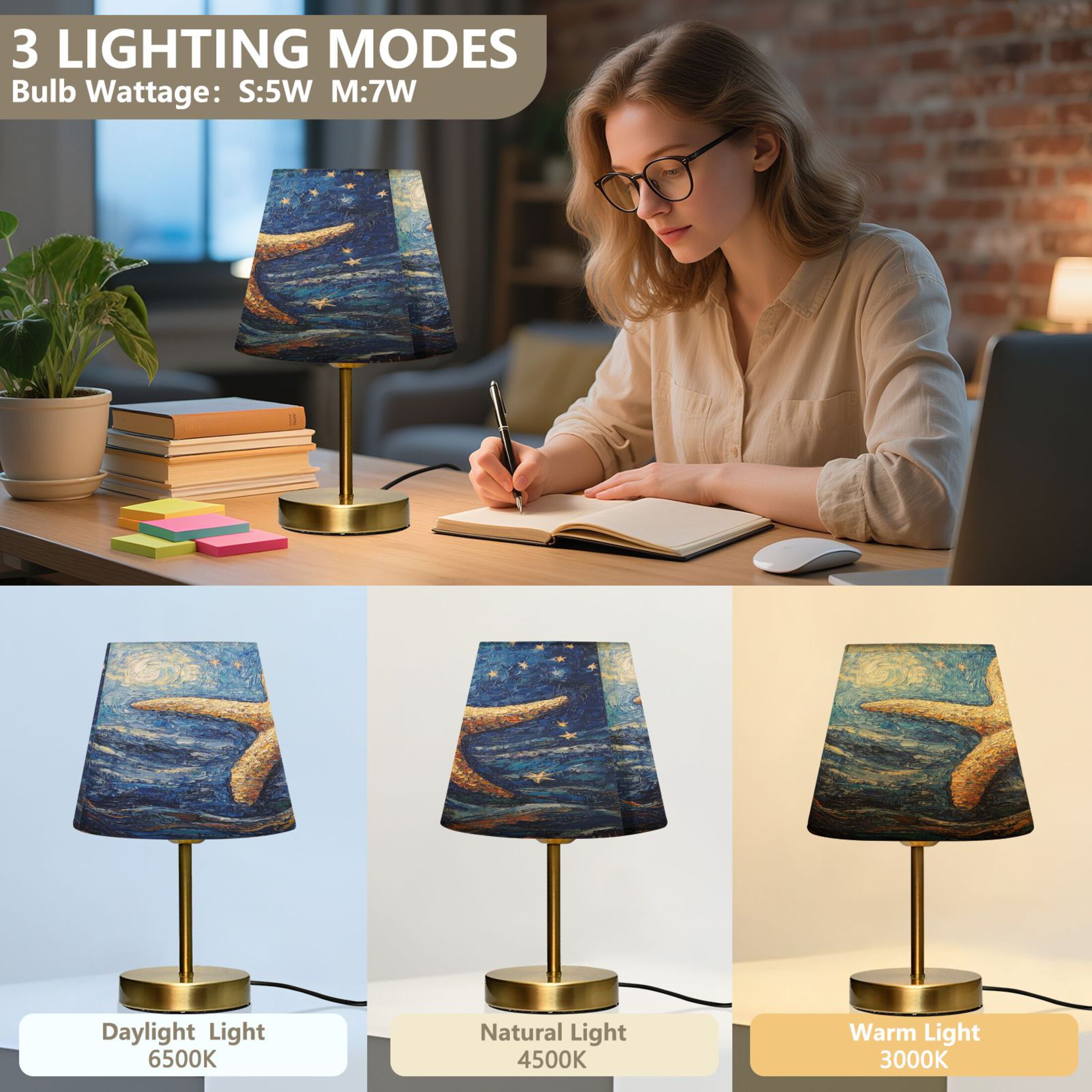 Wobogo Giant Starfish Oil Painting Table Lamps Three-channel Adjustable Lighted Antique Brass Metal Base Simple Modern Style for Bedroom Nightstands Living Room and Office