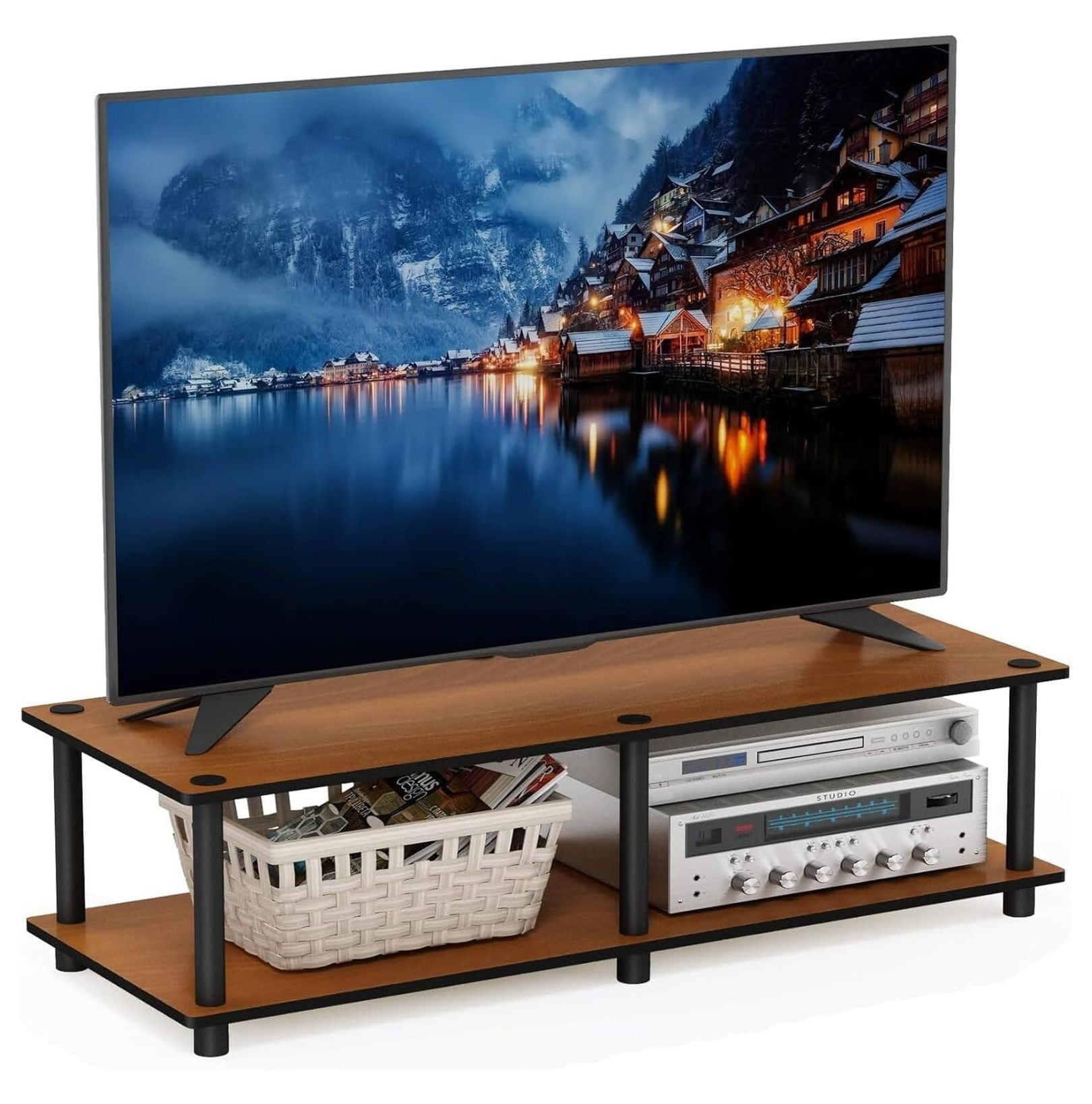 60 Inch TV Stand No Tools Assembly, Entertainment Console for 42" TVs - Black & Light Wood