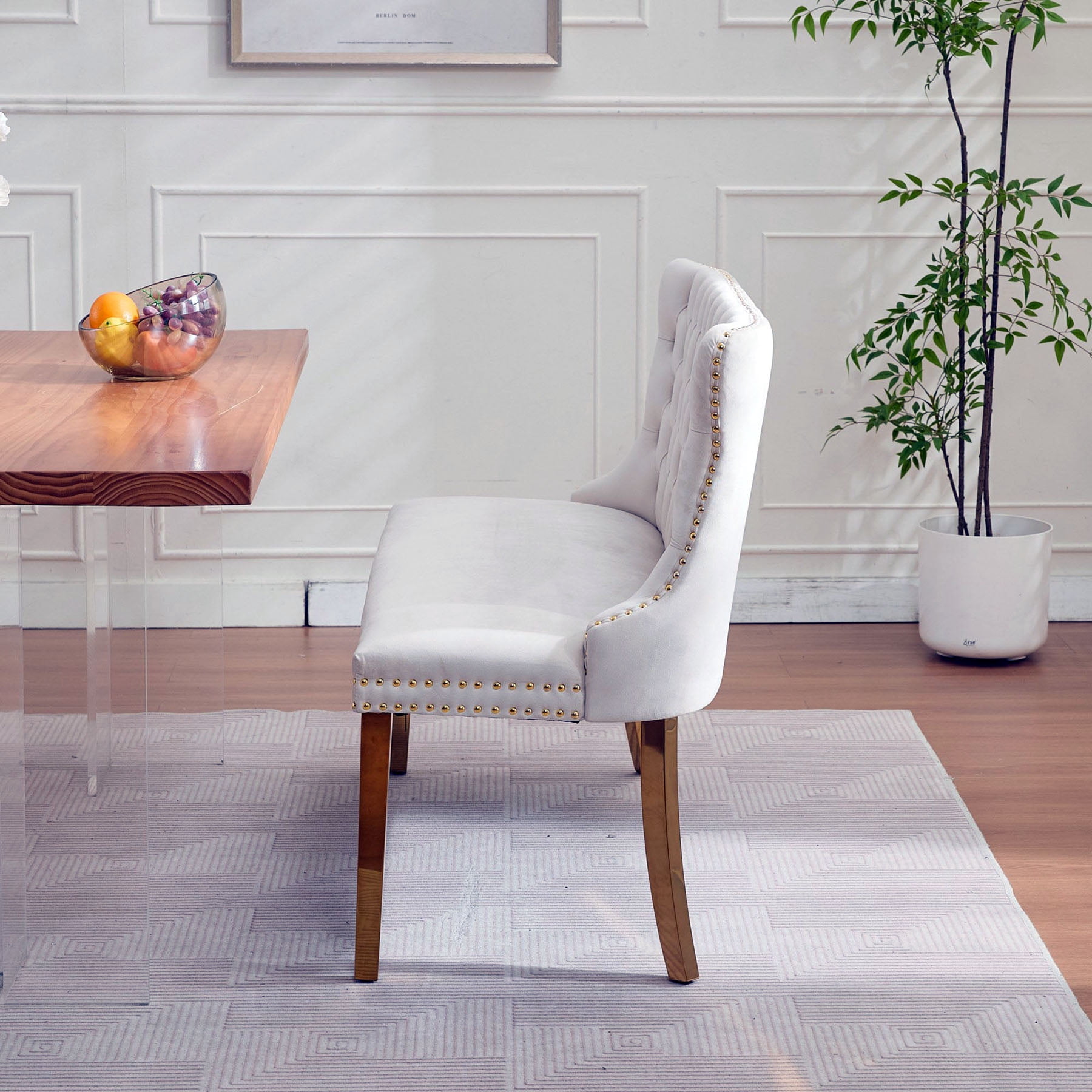 S-HOME Stylish Velvet Double Seat Loveseat Bench Featuring Handmade Buttons and Gold-Plated Steel Legs for Dining Areas, Beige