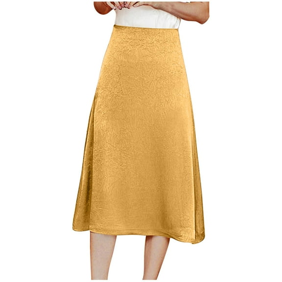 Cmfcve Women's Solid Color Summer Midi Skirt , Medium Long Satin Thin A-Line Skirt