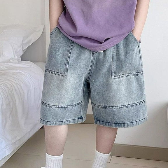 SGFCWSX Boys Denim Shorts Elastic Waist Loose Fit Big Pocket Cotton Summer Casual Jeans for Teens Blue Size 13-14 Years