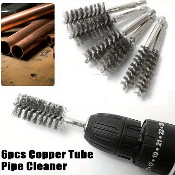 6pcs Copper Tube Pipe Cleaner, 1/2” 3/4” 1” Pipe Cleaning Brush Set, Stainless Steel Wire Bore Brushes for Power Drill, 1/4 Inch Hex Shank