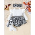 thumbnail image 4 of Loicainy Baby Girl Houndstooth 3-Piece Outfit 3 6 12 18M Comfortable Ribbed Ruffled Sleeves Headband Socks Set, 4 of 9