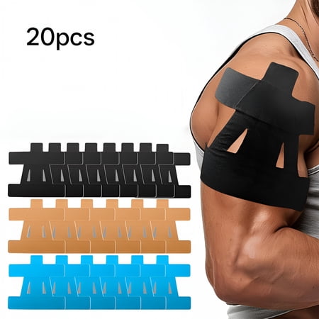 XIRQI Precut Kinesiology Tape for Shoulder (20 Pcs) - Waterproof Breathable Enhanced Adhesion & Elasticity Shoulder Pain Relief Support for Sports & Daily Use (Black Beige & Blue)