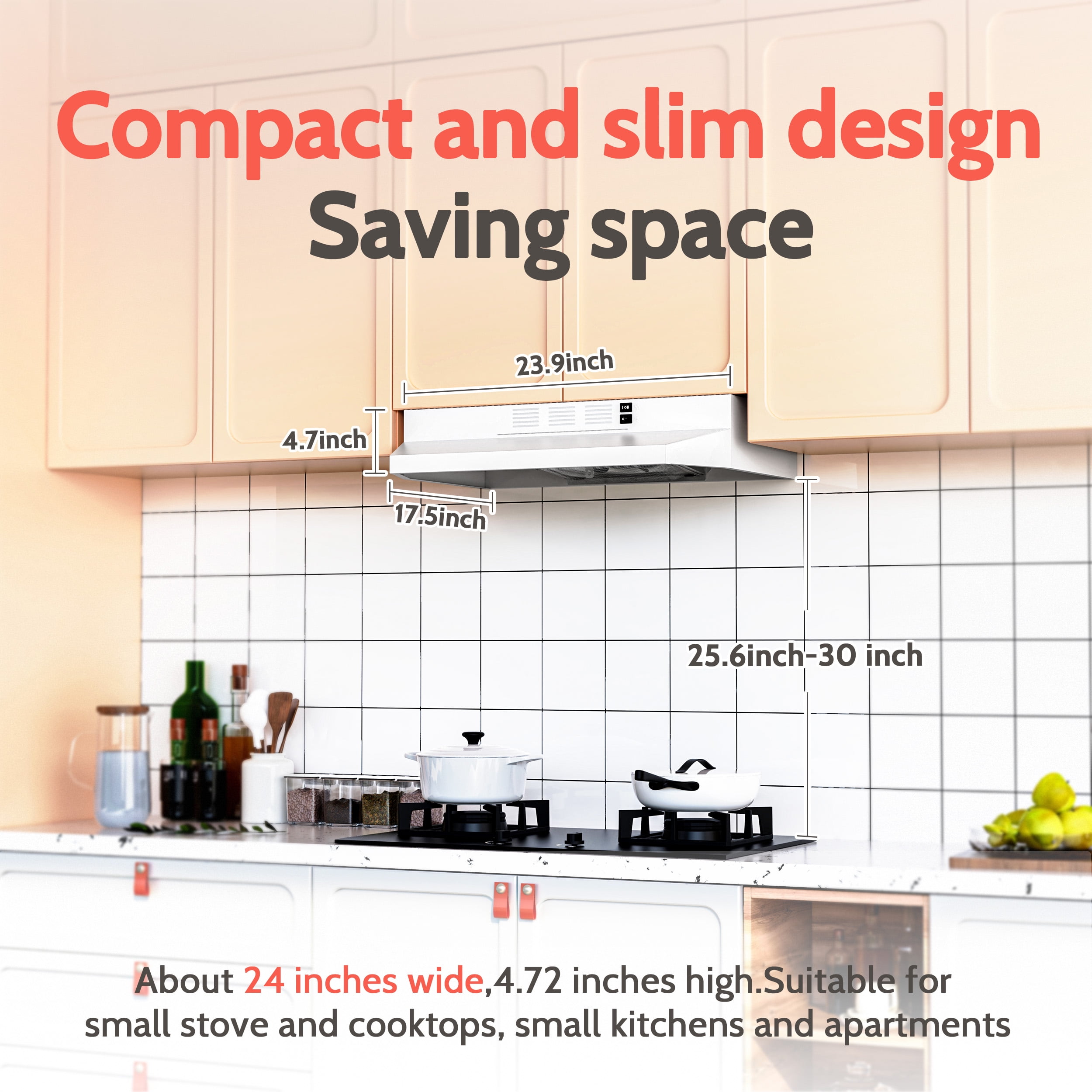 FIREGAS Range Hood 24 inch, Under Cabinet Kitchen Hood with 2 Speed Exhaust Fan, 300 CFM Stove Vent Hood