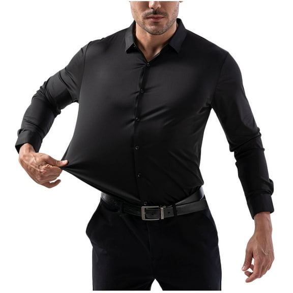 ZCFZJW Mens Dress Shirt Solid Satin Long Sleeve Business Casual Button Down Shirt with Pocket Stretch Wrinkle Free Wedding Dating Collared T-Shirt Tops Black XL