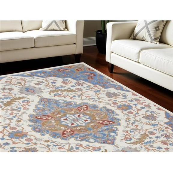 HomeRoots 551372 9 x 12 ft. Floral Medallion Non Skid Rectangle Area Rug, Ivory, Tan & Blue