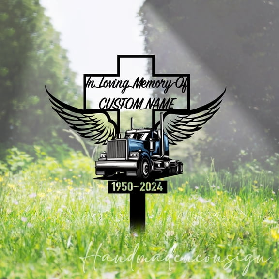 Handmadetneonsign Semi Truck Memorial Metal With Stake, Truck Driver Metal Stake, Truck Garden Stake 65608