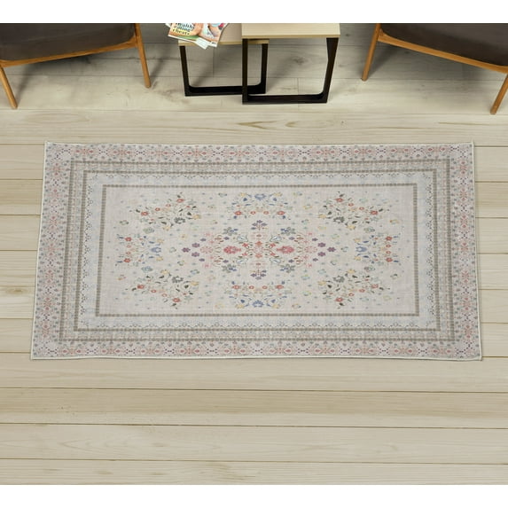 Floral Decorative Rug, Curlicue Spring Romance Blooming Ethnic Flower Petals in Happy Colors Art, Quality Carpet for Bedroom Dorm and Living Room, 6 Sizes, Ivory and Multicolor, by Ambesonne