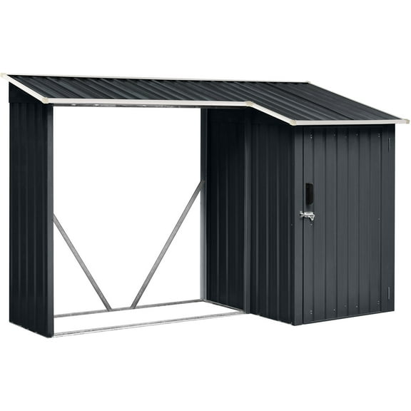 2-in-1 Galvanized Steel Multipurpose Shed, 9-Sq.Ft. Lockable Tool Storage, 42-Cu.Ft. Firewood Rack, Dark Gray