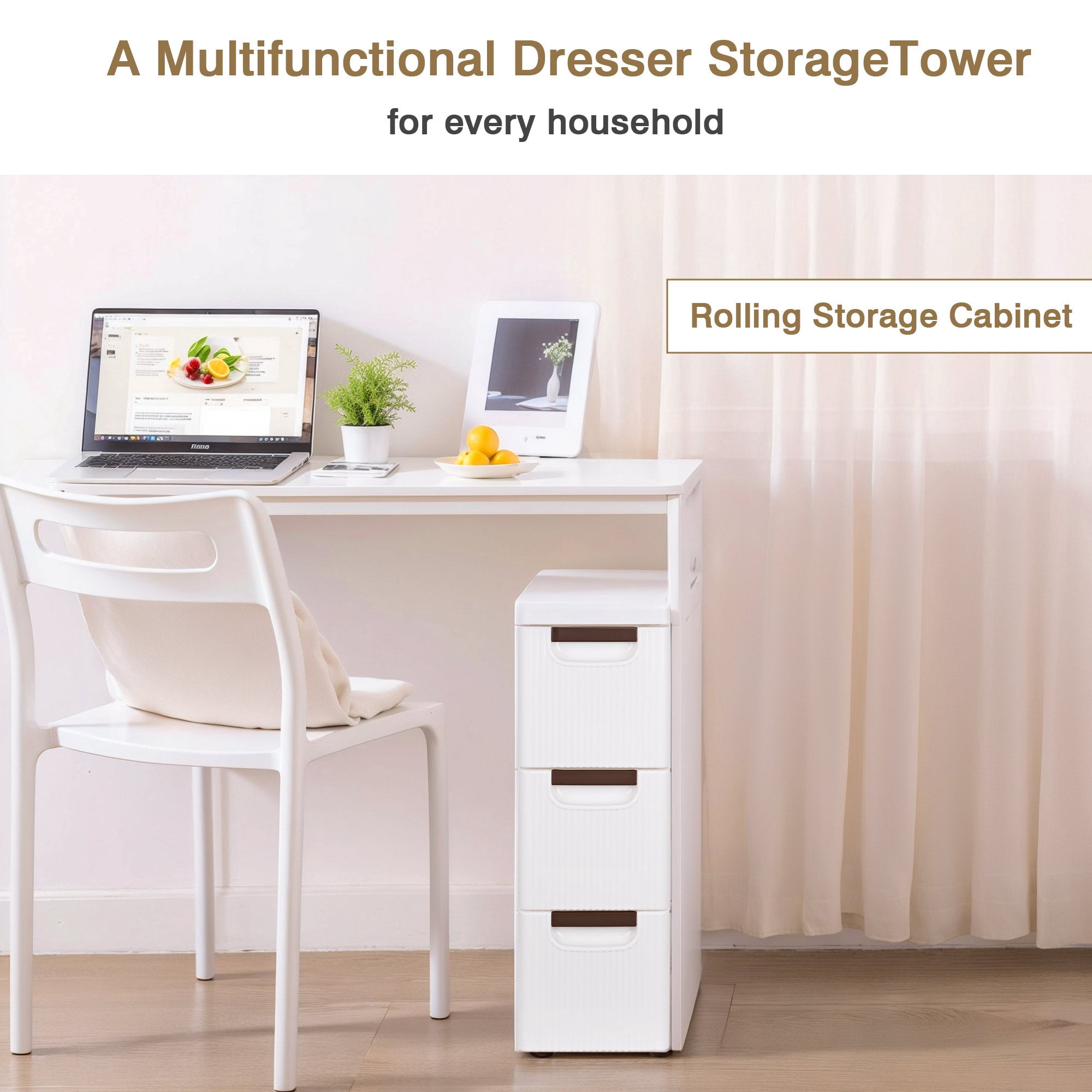 VECELO 3 Drawers Small Bathroom Stackable Storage Cabinet Floor Side Cabinet, Freestanding Moveable Plastic Narrow Lim Corner Slide Out Drawer Storage, For Bedroom Kitchen, White