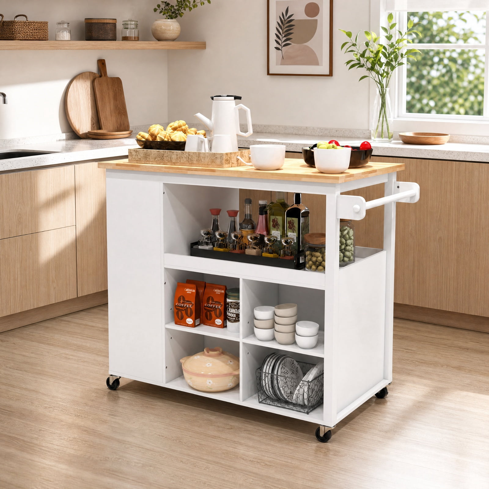 Furnibear Kitchen Island Trolley Cart on Wheels with Rubber Wood Countertop Open Shelves Spice Rack and Storage Drawer for Dining Rooms, White