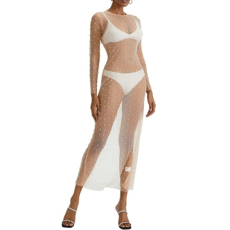 Mevireiy Women Sheer Mesh Pearl Rhinestone Cover Up Dress Beach Swimwear Bikini Bathing Suit Coverups  Beige  XL