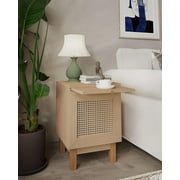 FOLDLIFE Rattan Nightstand, Nightstands with Charging Station, Mid Century Modern End Side Table with Rattan Doors, Open Shelf and Wooden Legs,Natural