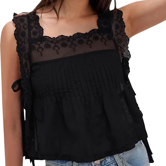 TODOZO Crop Tank Top for Women 2025 Womens Summer Tops Summer Tops for Women Embroidery Flower Tank Tops for Women Y2K Sleeveless Square Neck Tie Up Cropped Vest Summer Chic Going Out Blouse