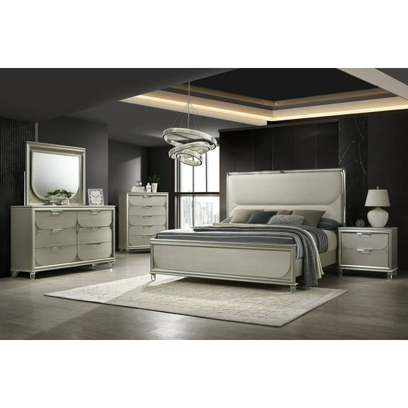 Attractive Silver Finish Queen Size Bed Dresser Mirror Nightstands Chest 6pc Bedroom Set Embossed Panels w LED
