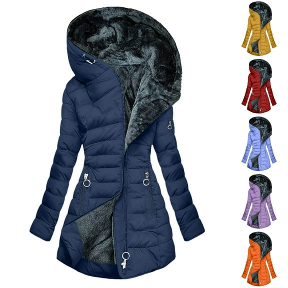 jtjvou Quilted Jackets for Women Long Thicken Puffer Jacket Fleece Lined Winter Coats Hooded Down Coat with Zip Pockets Blue L