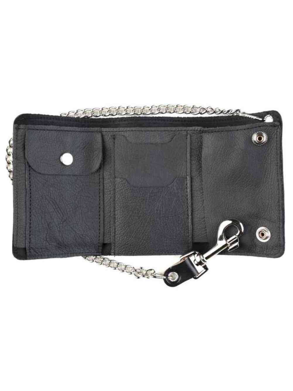 Genuine Leather Men/'s XL Tri-Fold Biker Chain Wallet w// Skull Snaps Black SK325