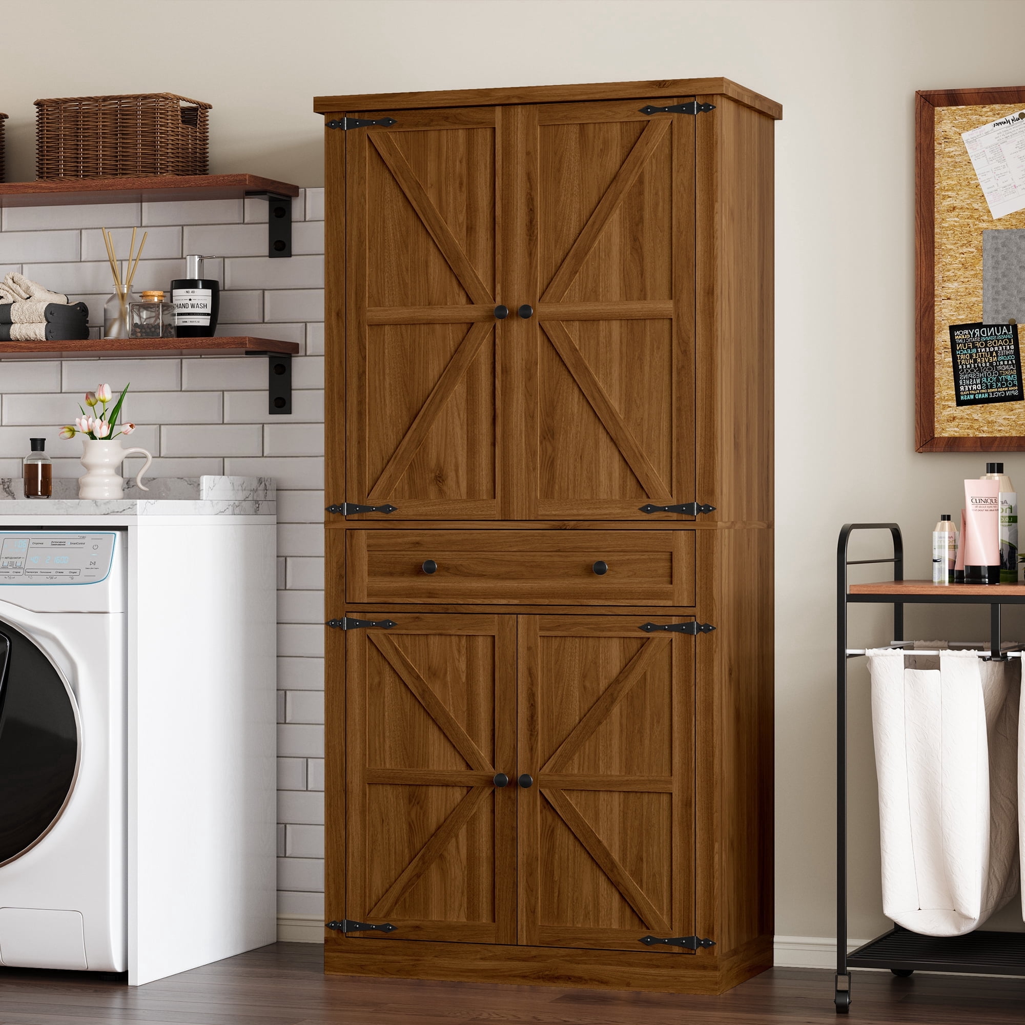 FANRAL 71” Tall Pantry Organizers and Storage Cabinet with Barn Doors & Drawers,Adjustable Shelf for Kitchen Dining Room Living Room Bathroom Office,Walnut Pantry Cabinet