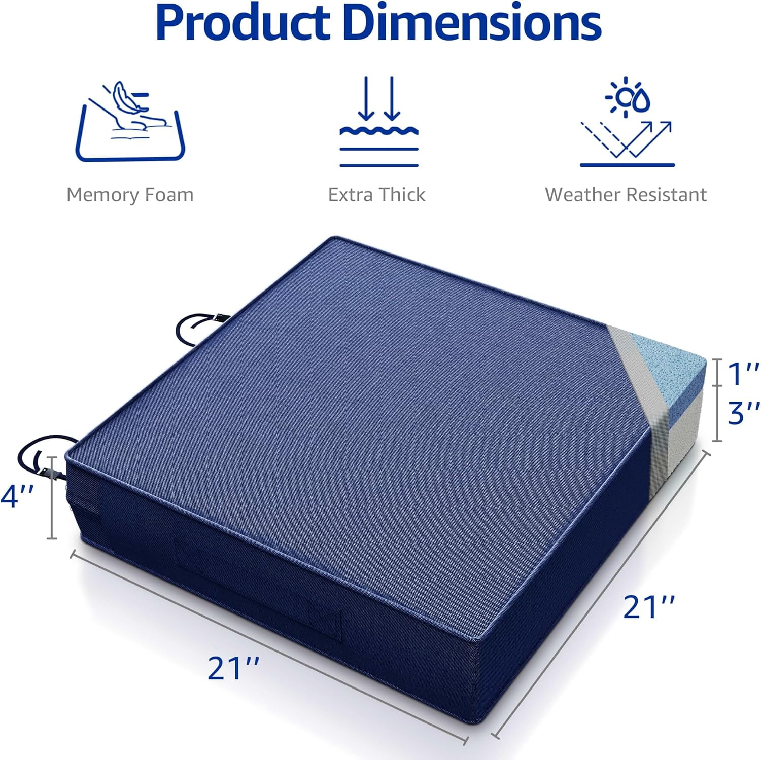 21x21 Memory Foam Outdoor Chair Cushions Waterproof 4 Inch Extra Thick Patio Seat Pads for Furniture Navy Blue Set of 2