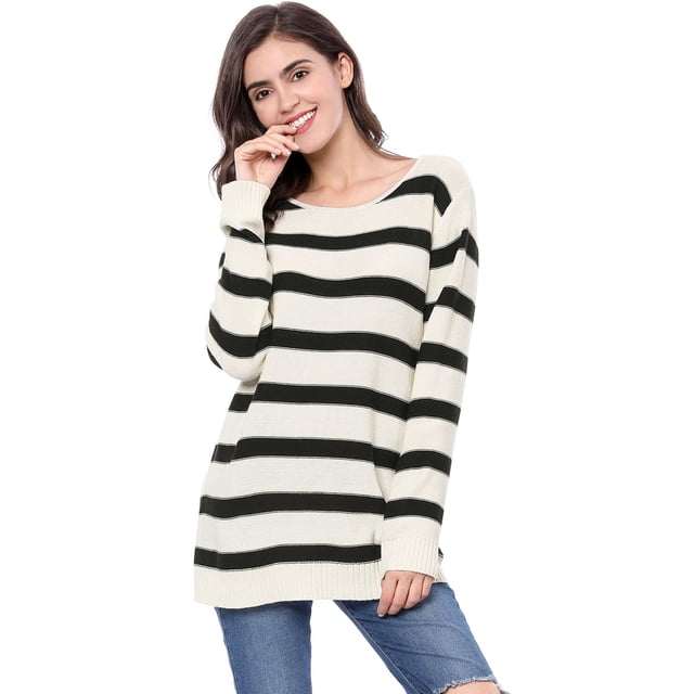 Suéter de rayas túnica con hombros descubiertos y cuello redondo para mujer blanco XL