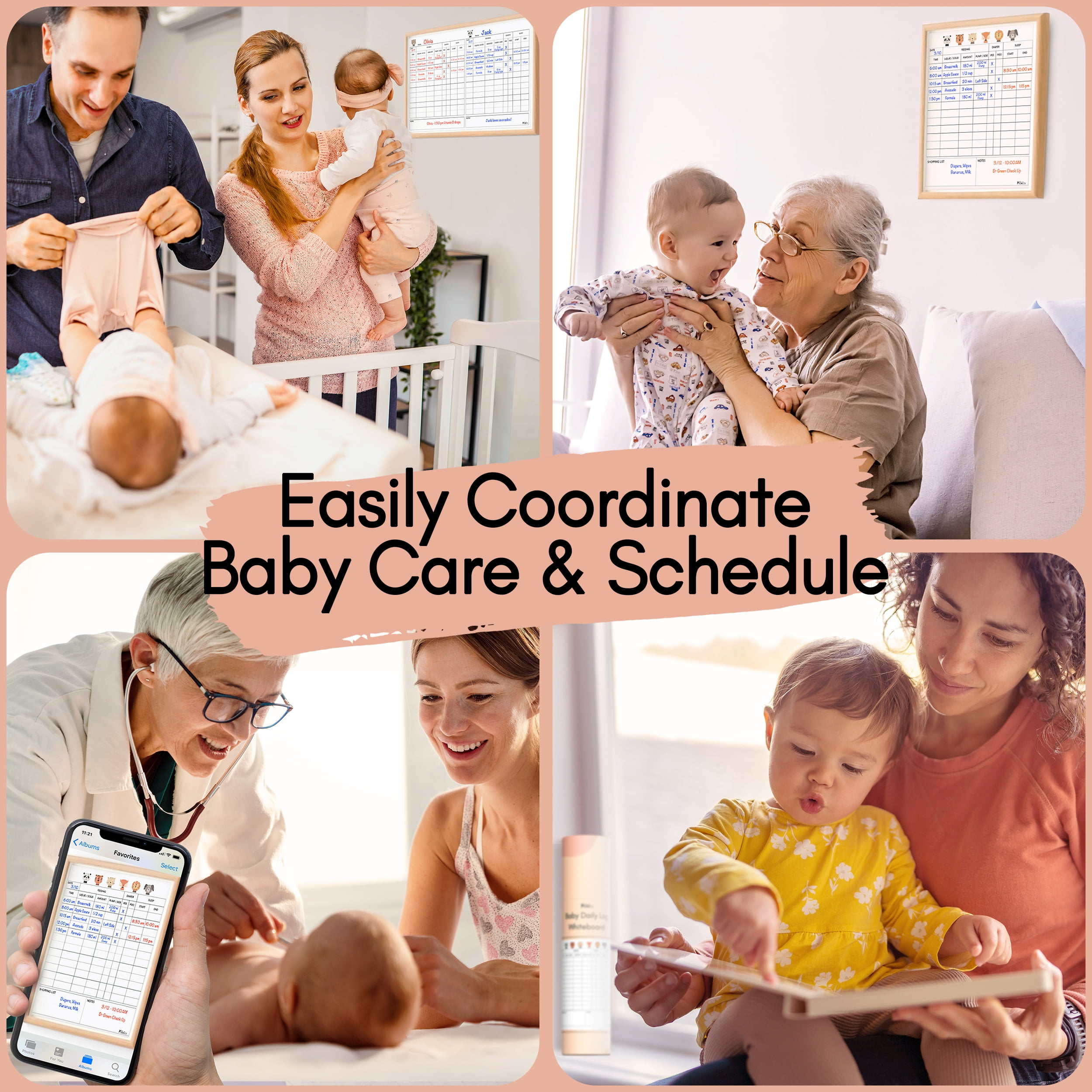 Mewl Twins Daily Log Whiteboard - Reusable Baby Tracker Dry Erase Board to Log Feedings, Diapers & Sleep 17 x 11 Inches