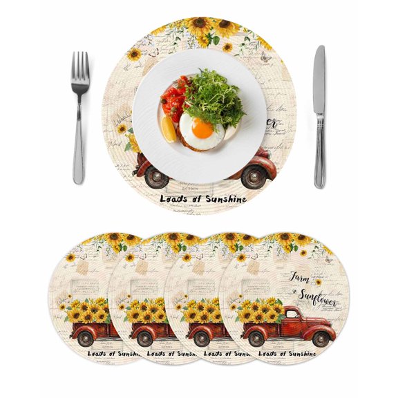 Sunflower Truck Round 13 Inch Placemats Set of 4, Yellow Floral Summer Botanical Elegant Pastoral HeatResistant Non Slip Place Mats for Dining Table, Wipeable Kitchen Table Mats for Housewarming